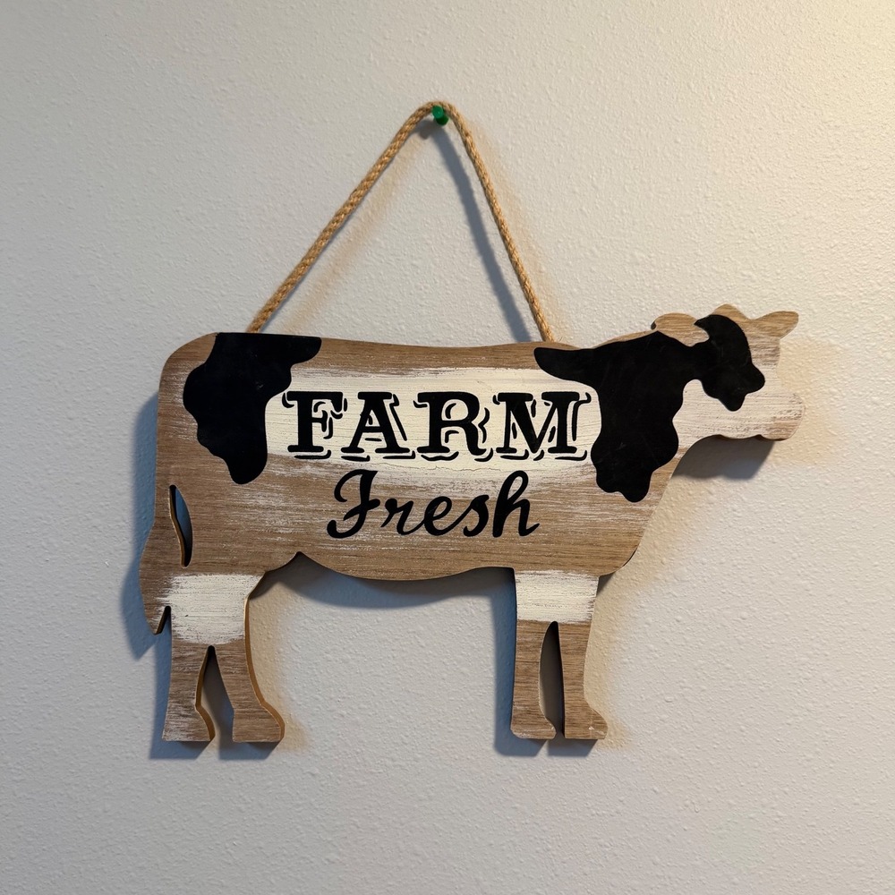 Farm Fresh Rustic Wooden Cow Wall Hanging Decor Jute Rope Country Farmhouse Sign